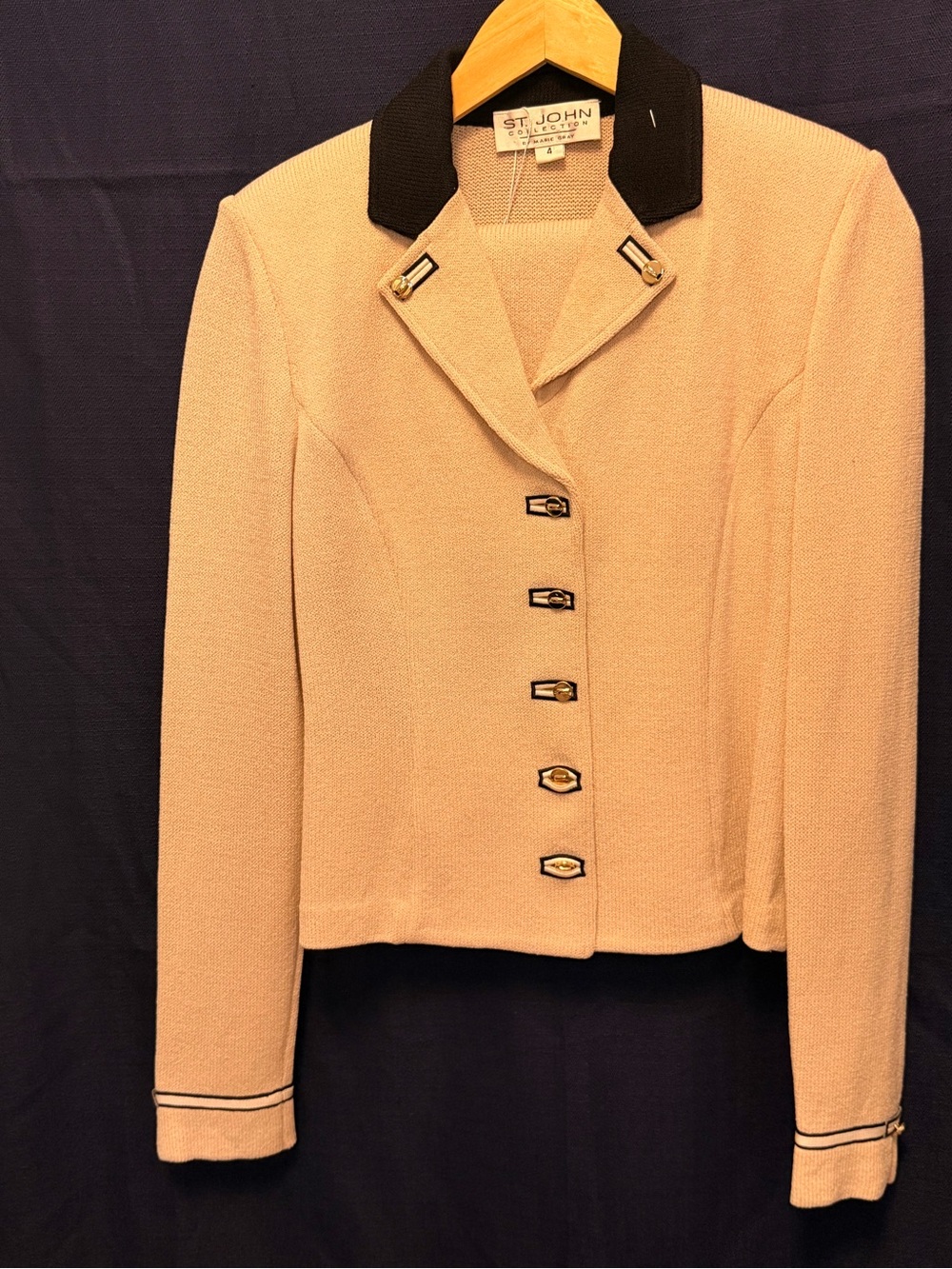 St. John Beige Knit Jacket with Black Collar